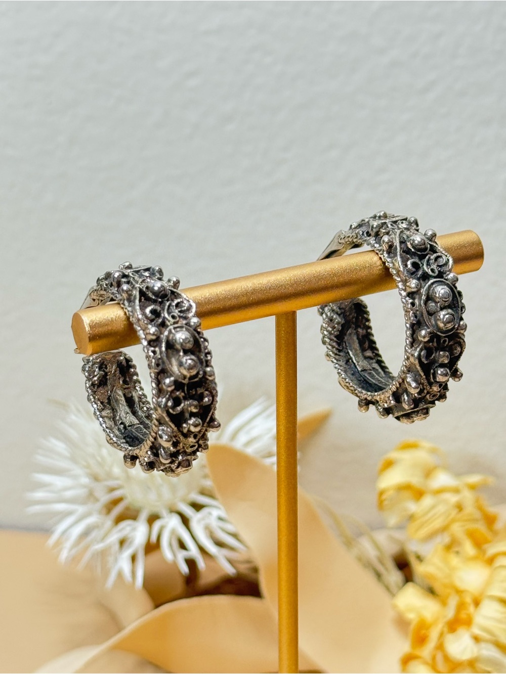 Vintage Silver Tone Ornate Filigree Hoop Clip-On Earrings